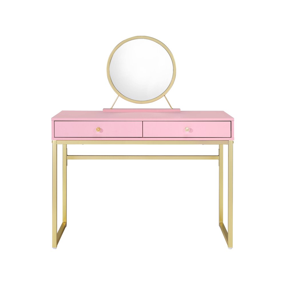 42" Gold And Pink Wood Vanity Table With Mirror And Two Drawers. Vanity table isolated on a plain white background, in a pink wood finish.