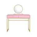 42" Gold And Pink Wood Vanity Table With Mirror And Two Drawers. Vanity table isolated on a plain white background, in a pink wood finish.