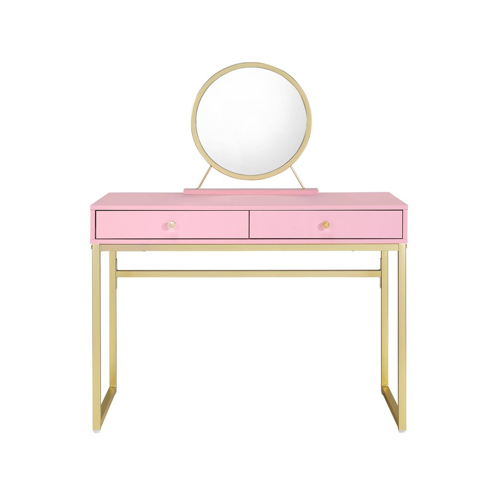 42" Gold And Pink Wood Vanity Table With Mirror And Two Drawers. Vanity table isolated on a plain white background, finished in pink wood.