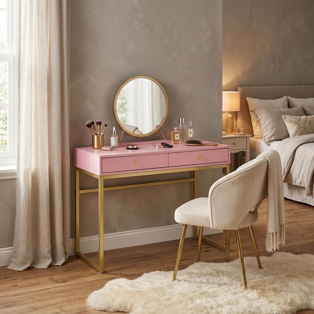 42" Gold And Pink Wood Vanity Table With Mirror And Two Drawers styled in a furnished interior with a tan wall on a wood floor.