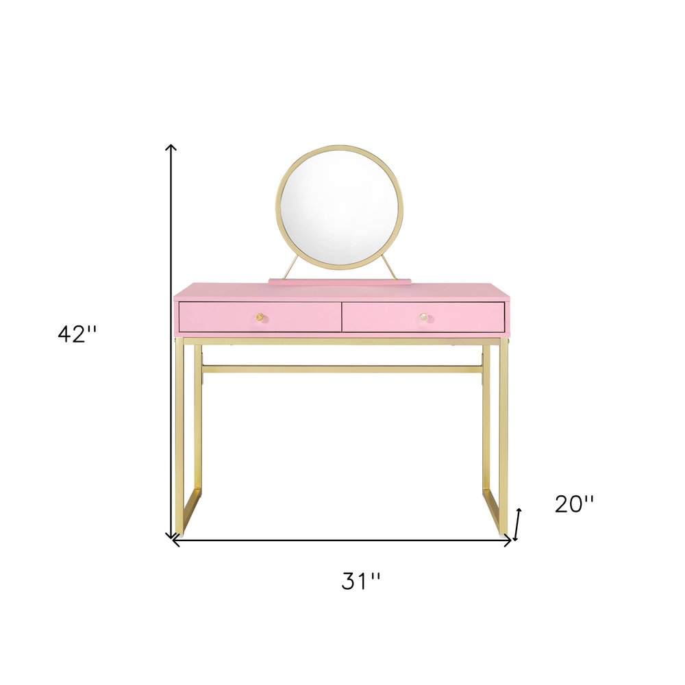 42" Gold And Pink Wood Vanity Table With Mirror And Two Drawers. Vanity table isolated on a plain white background, showing a pink wood surface.