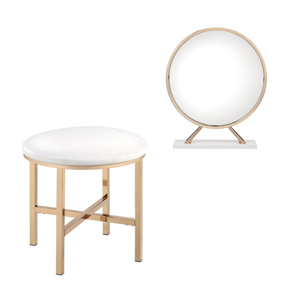 Set of Two Gold Metal And Faux Leather Round Freestanding Makeup Mirror And Stool on a white background