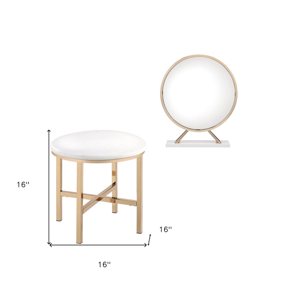 Set of Two Gold Metal And Faux Leather Round Freestanding Makeup Mirror And Stool on a white background