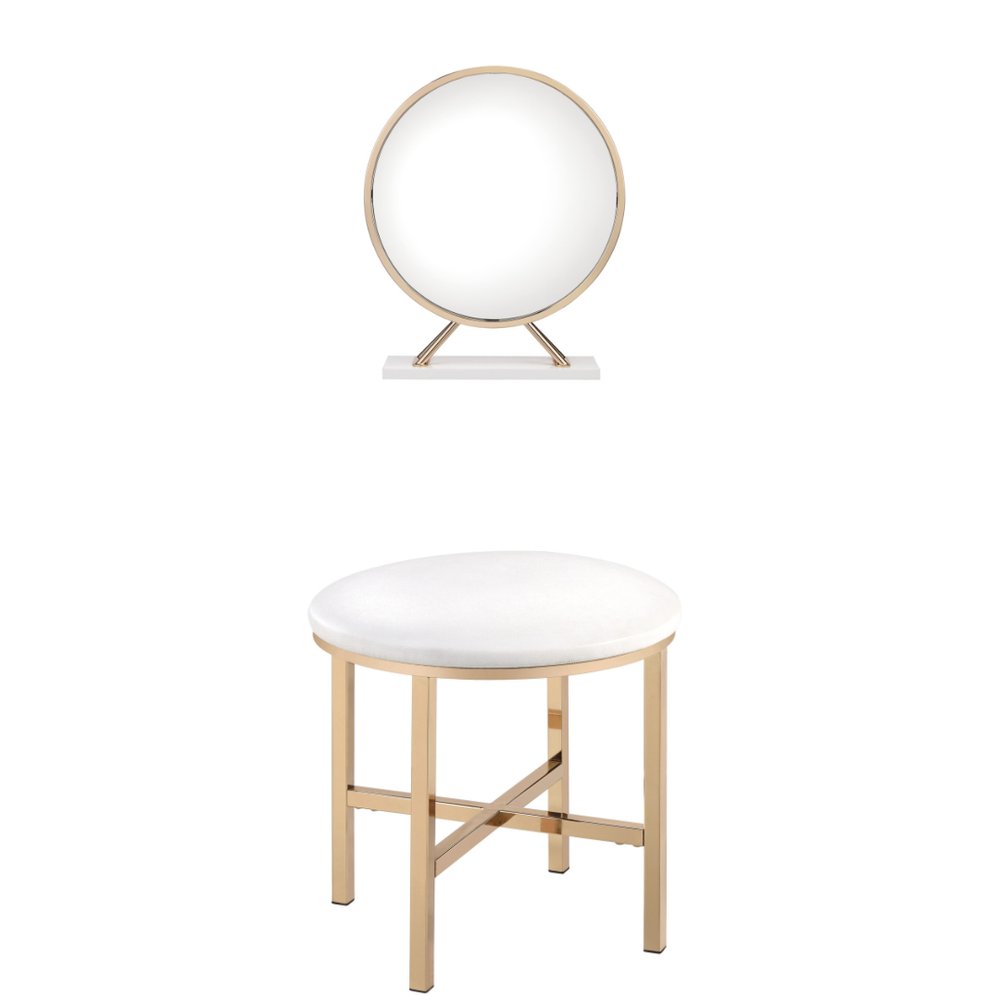 Set of Two Gold Metal And Faux Leather Round Freestanding Makeup Mirror And Stool on a white background