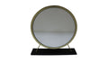 Set of Two Gold Black and White Metal And Faux Fur Freestanding Makeup Mirror And Stool on a white background