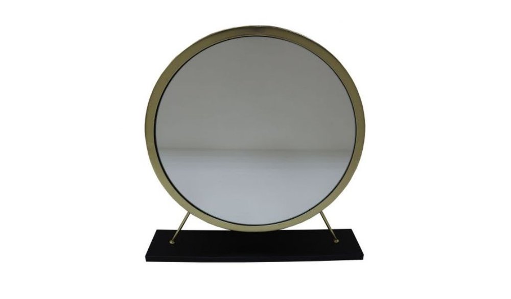 Set of Two Gold Black and White Metal And Faux Fur Freestanding Makeup Mirror And Stool on a white background