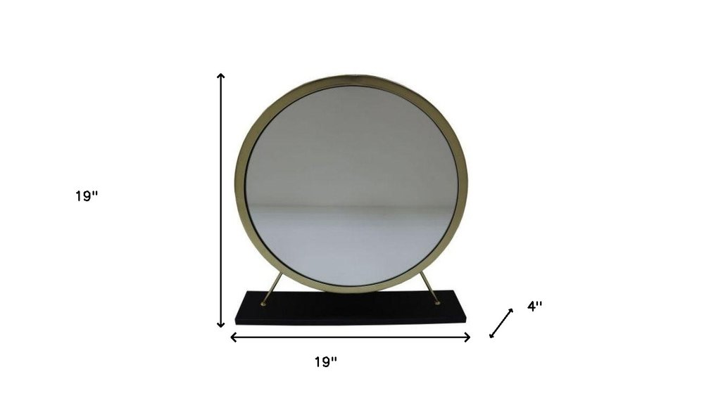 Set of Two Gold Black and White Metal And Faux Fur Freestanding Makeup Mirror And Stool on a white background