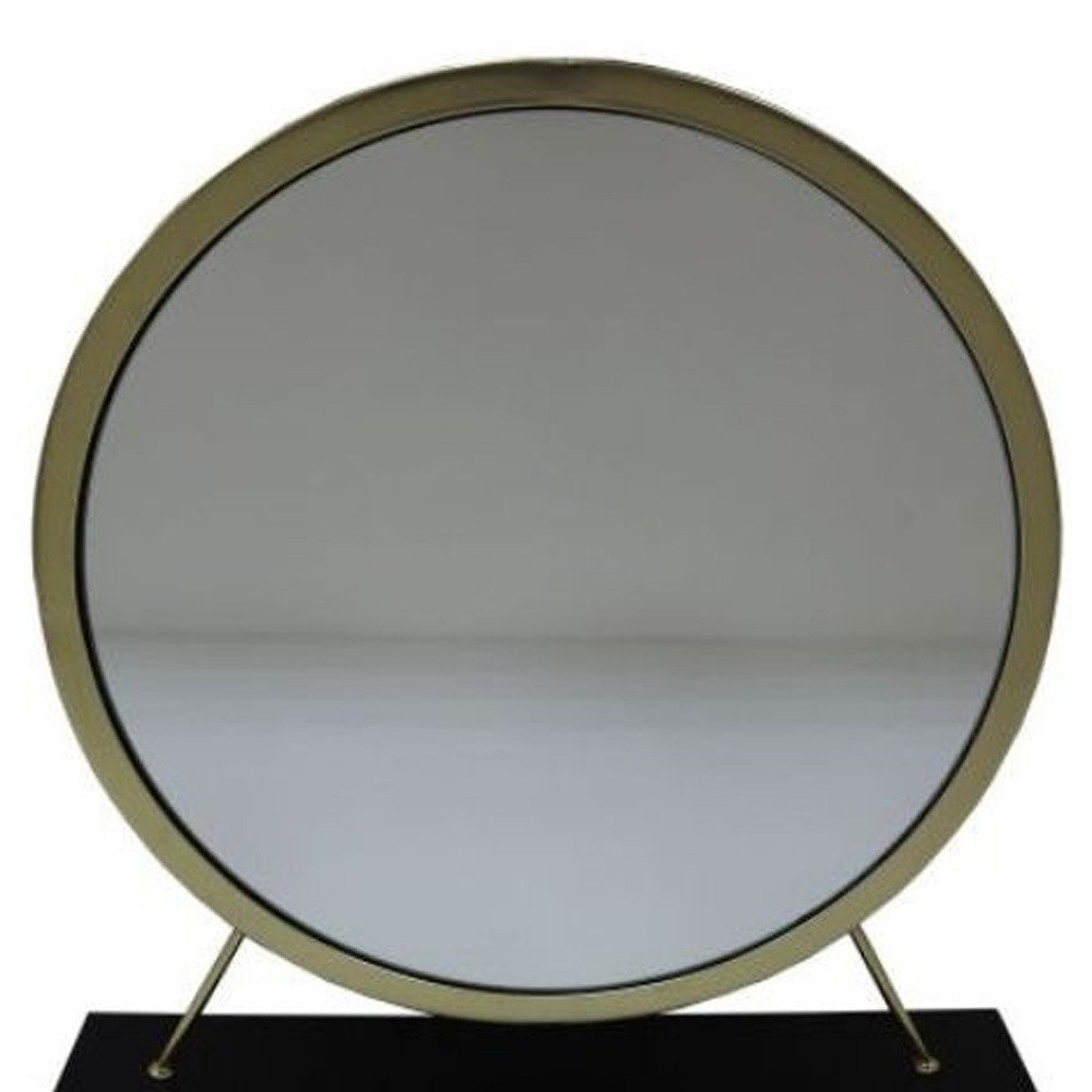 Set of Two Gold Black and White Metal And Faux Fur Freestanding Makeup Mirror And Stool on a white background