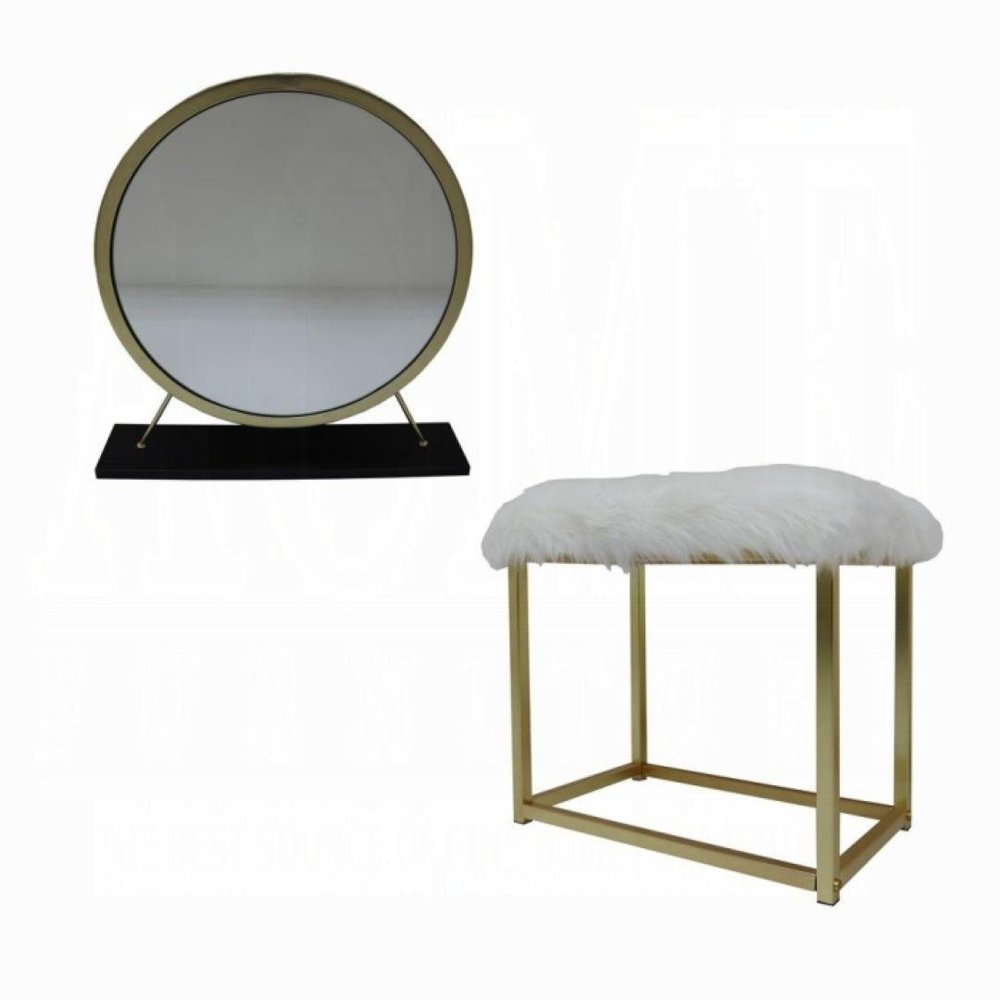 Set of Two Gold Black and White Metal And Faux Fur Freestanding Makeup Mirror And Stool on a white background