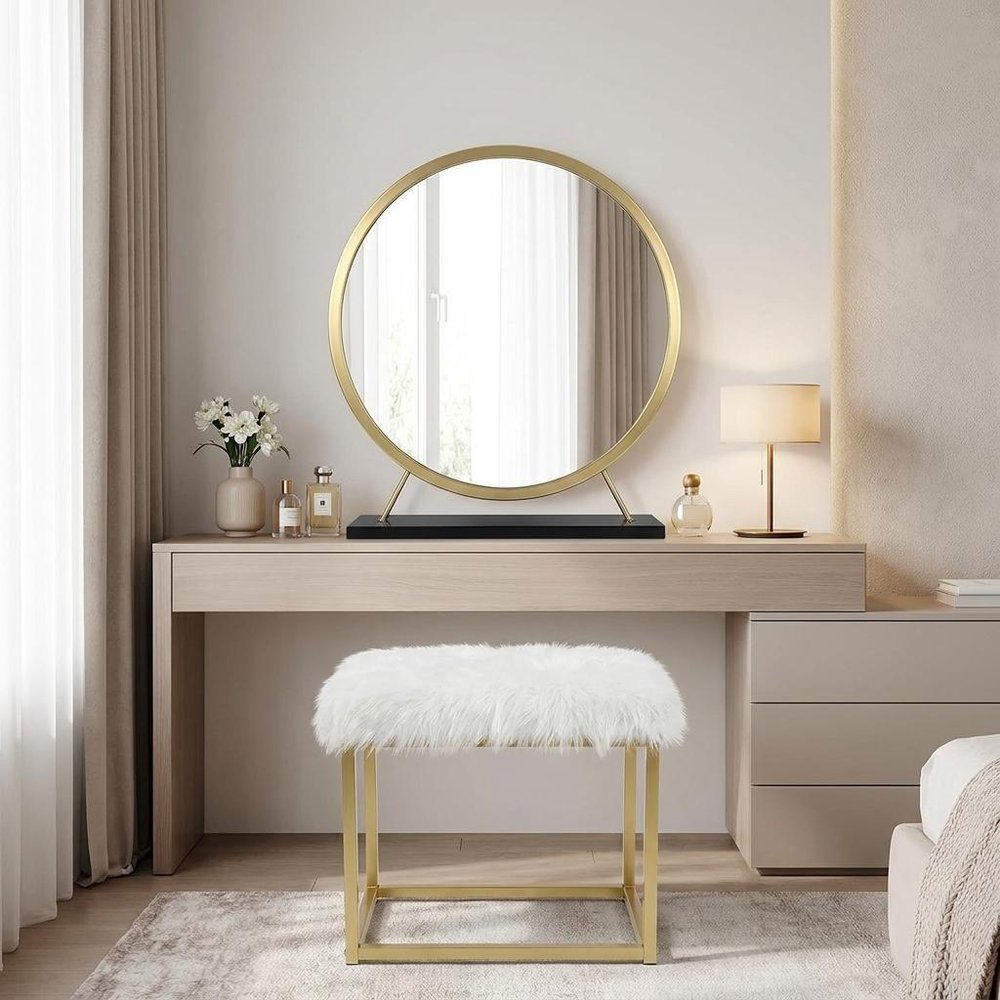 Set of Two Gold Black and White Metal And Faux Fur Freestanding Makeup Mirror And Stool close-up detail