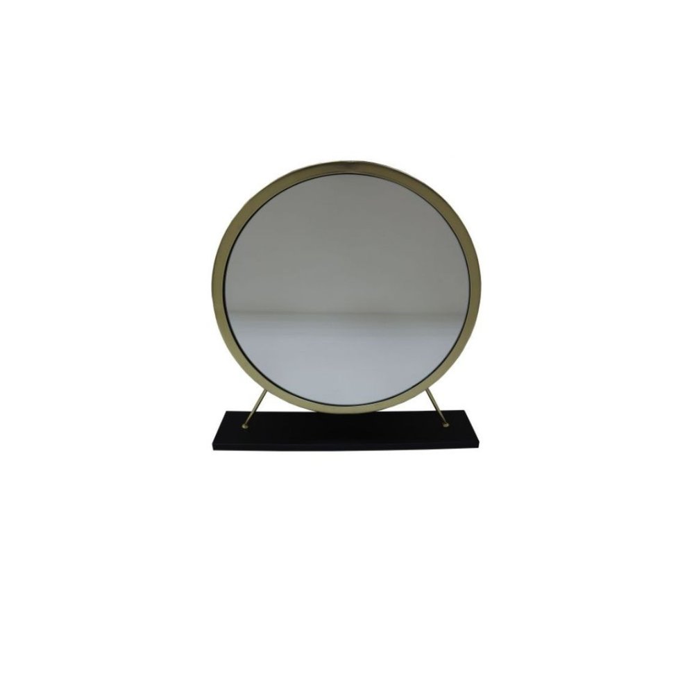 Set of Two Gold Black and White Metal And Faux Fur Freestanding Makeup Mirror And Stool on a white background