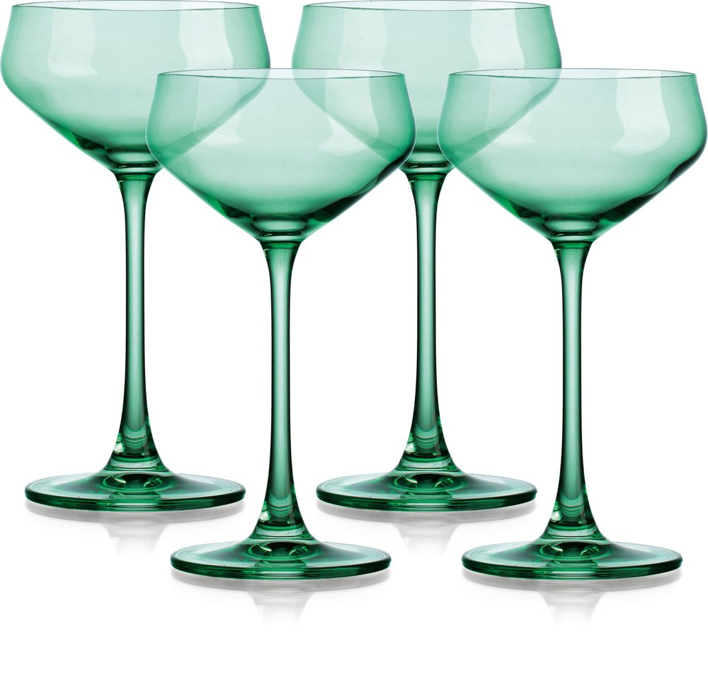 Set of Four Green Crystal Shallow Bowl Stemmed Coupe on a white background