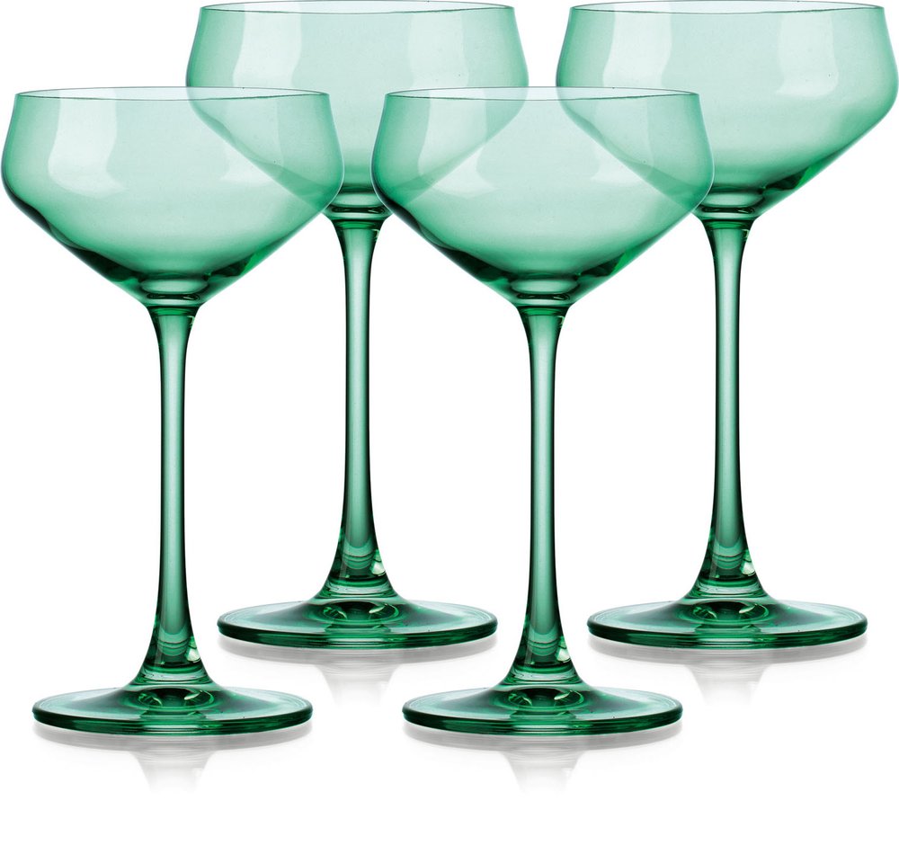 Set of Four Green Crystal Shallow Bowl Stemmed Coupe on a white background