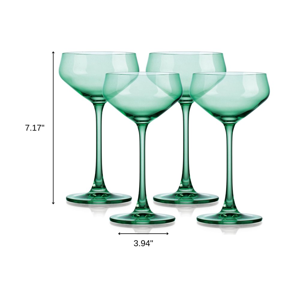 Set of Four Green Crystal Shallow Bowl Stemmed Coupe on a white background