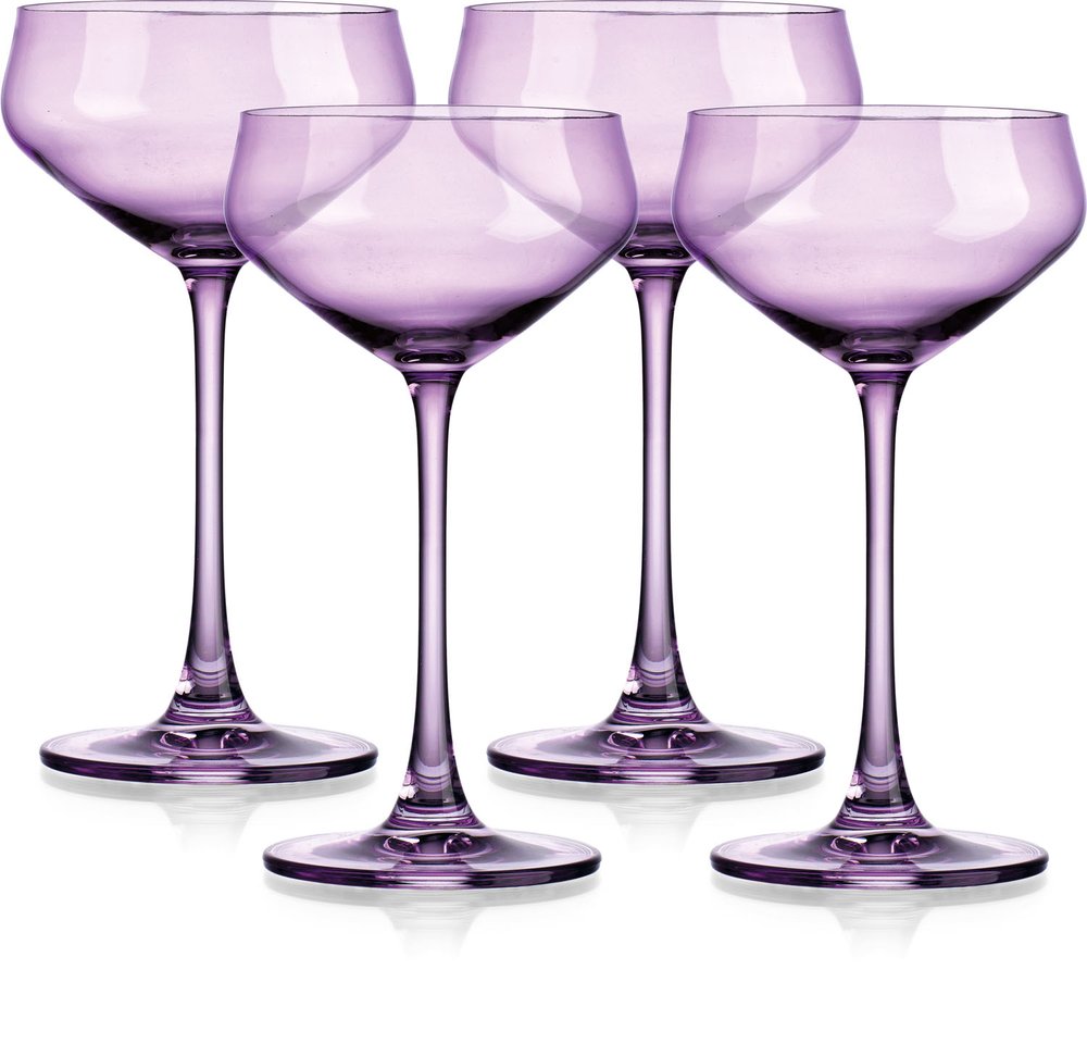 Set of Four Purple Crystal Shallow Bowl Stemmed Coupe on a white background