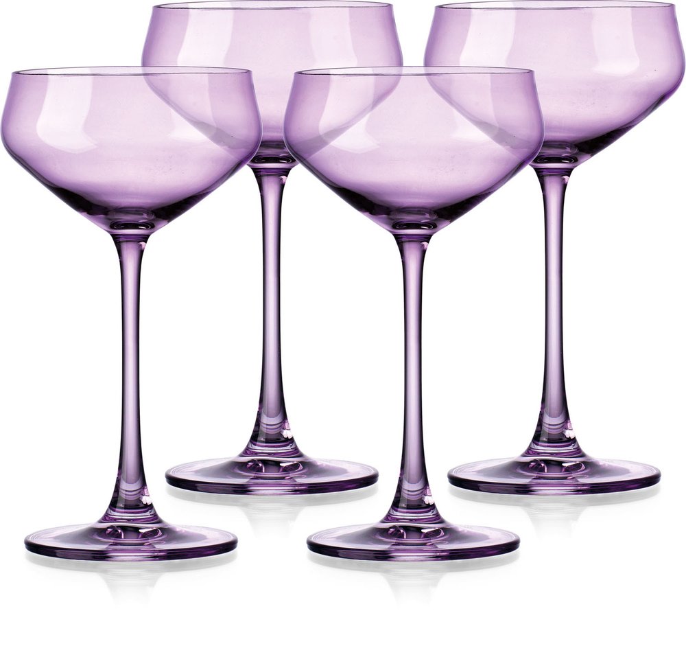 Set of Four Purple Crystal Shallow Bowl Stemmed Coupe on a white background