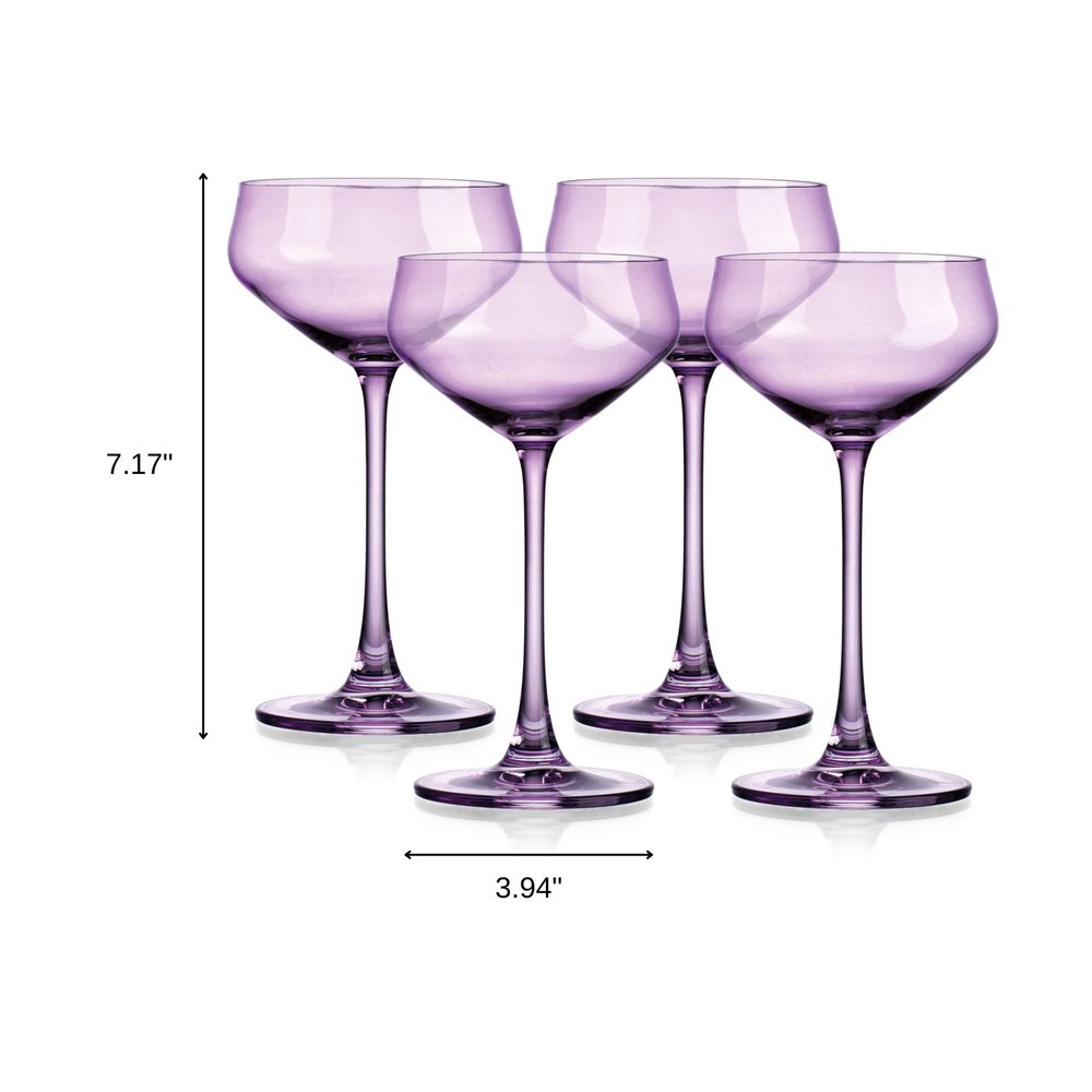 Set of Four Purple Crystal Shallow Bowl Stemmed Coupe on a white background