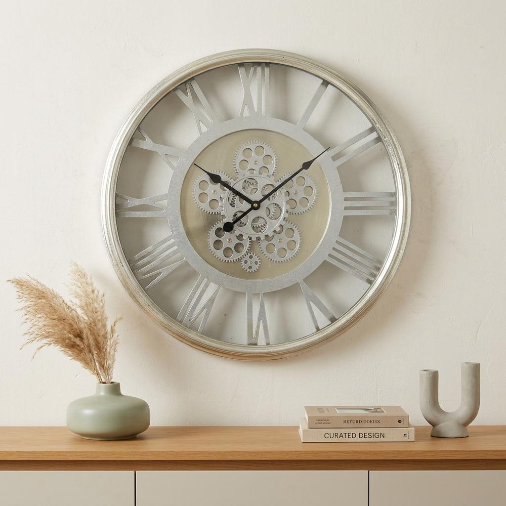 21" Circle Silver Metal and Glass Analog Exposed Gear Wall Clock