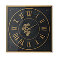 35" Black And Gold Glass And Metal Exposed Gear Square Wall Clock. Wall clock isolated on a plain white background, showing a black glass surface.