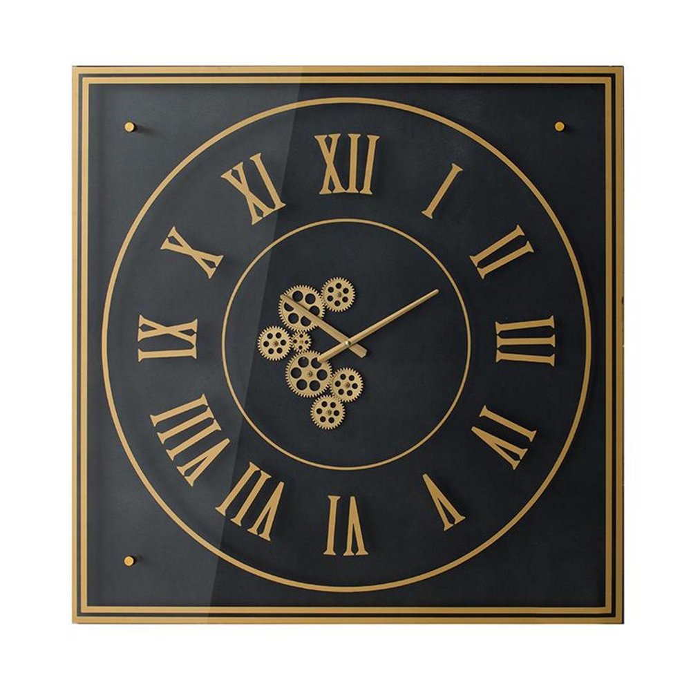 35" Black And Gold Glass And Metal Exposed Gear Square Wall Clock. Wall clock isolated on a plain white background, showing a black glass surface.