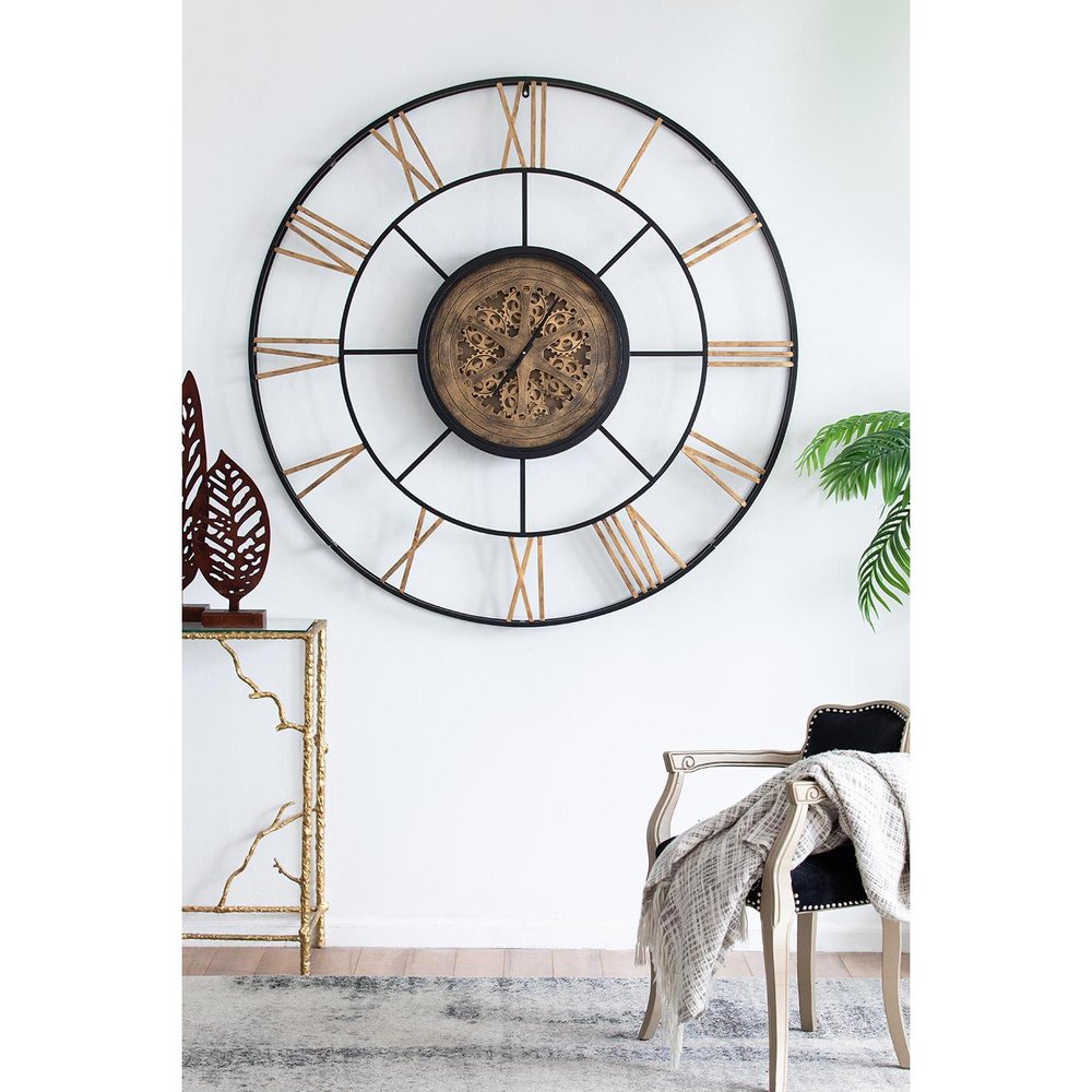 56" Circle Copper Metal and Glass Analog Exposed Gear Wall Clock. Wall clock isolated on a plain white background, in a light gray glass finish.