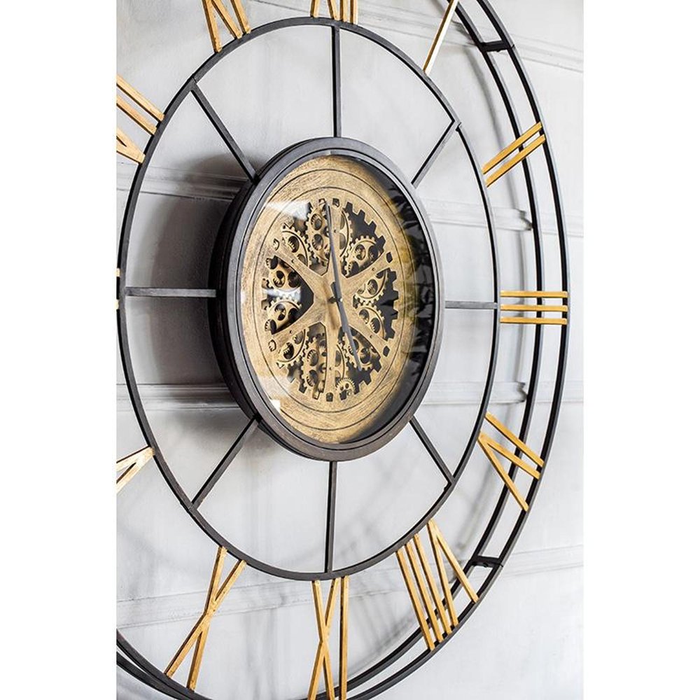 56" Circle Copper Metal and Glass Analog Exposed Gear Wall Clock. Wall clock isolated on a plain white background, showing a light gray glass surface.