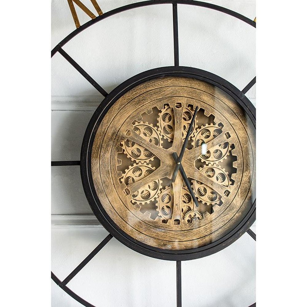 56" Circle Copper Metal and Glass Analog Exposed Gear Wall Clock. Wall clock isolated on a plain white background, in a tan glass finish.