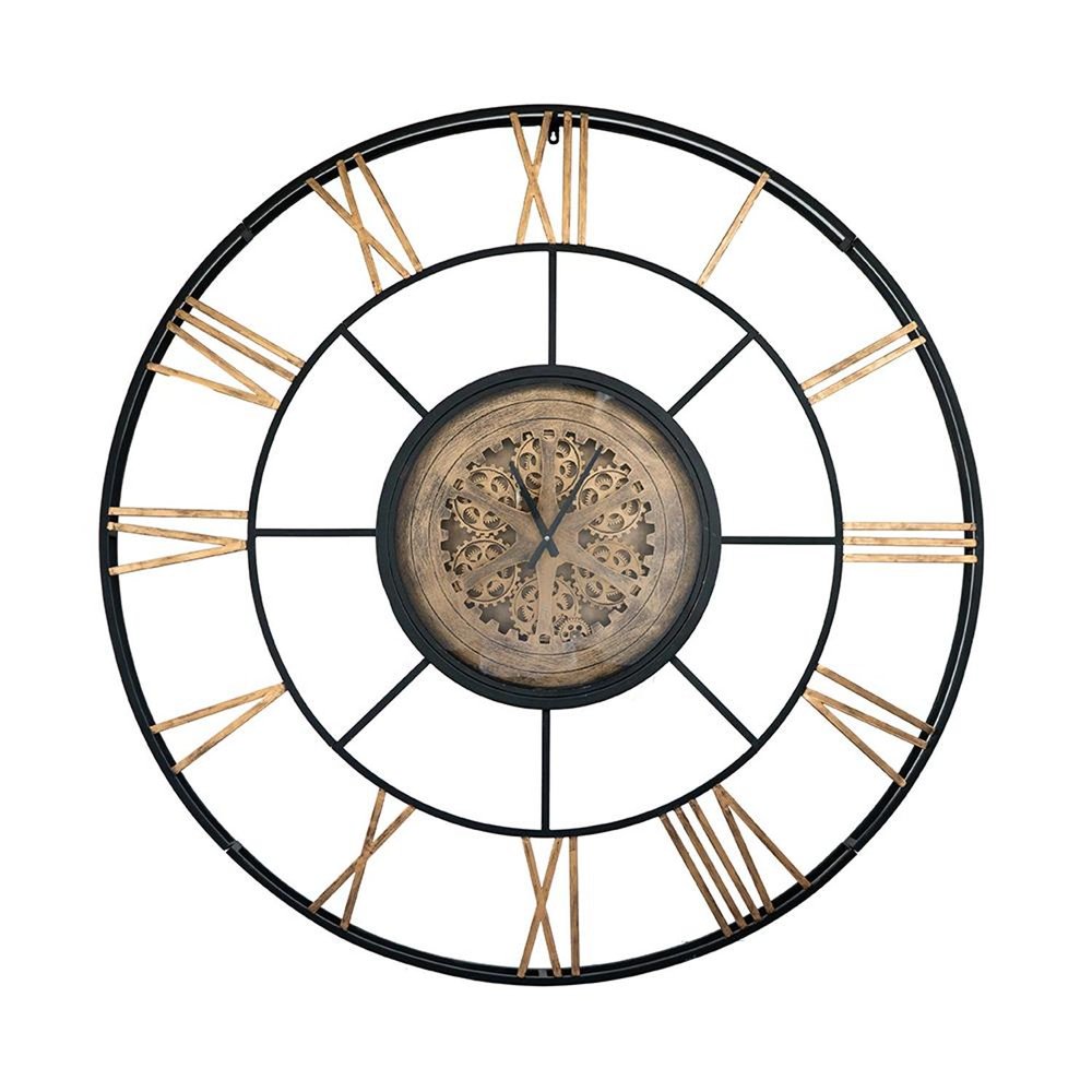 56" Circle Copper Metal and Glass Analog Exposed Gear Wall Clock. Wall clock isolated on a plain white background, showing a tan glass surface.