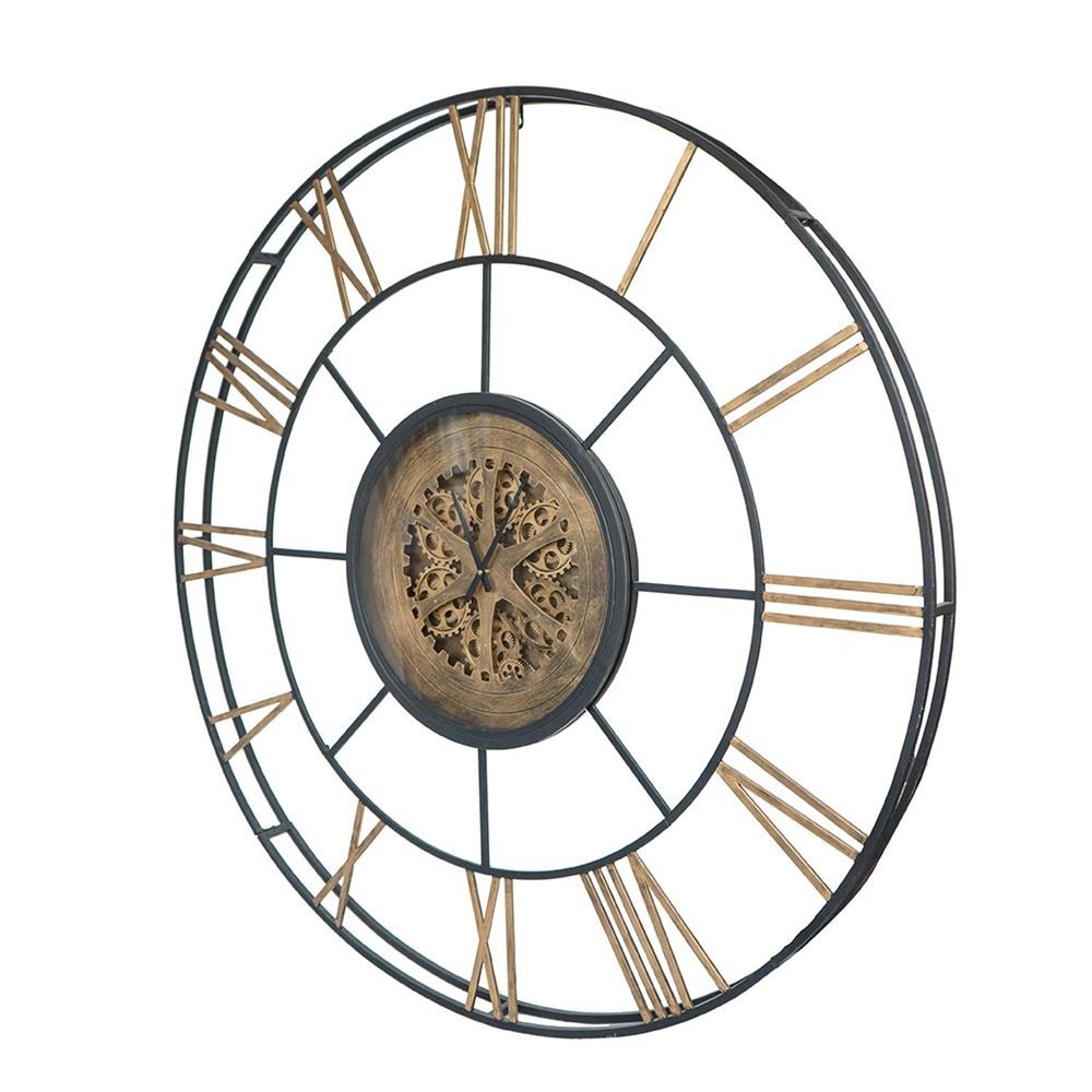 56" Circle Copper Metal and Glass Analog Exposed Gear Wall Clock. Wall clock isolated on a plain white background, in a tan glass finish.