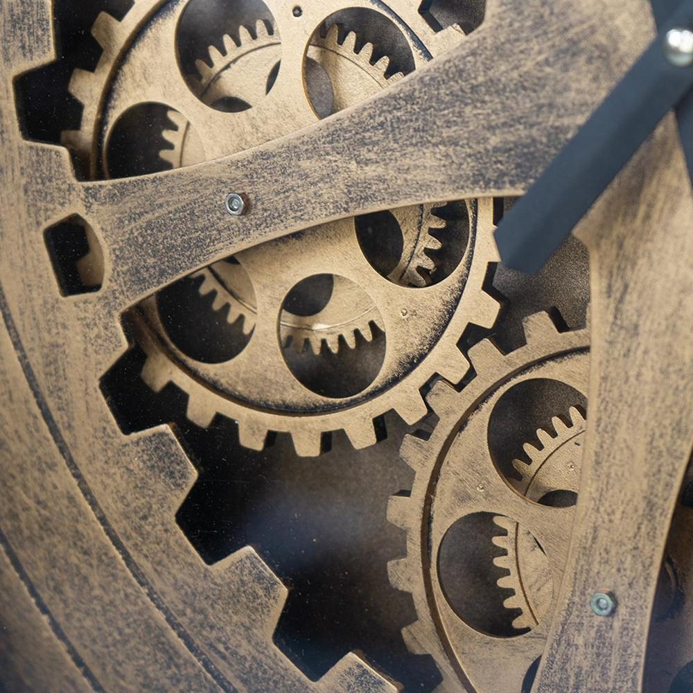 56" Circle Copper Metal and Glass Analog Exposed Gear Wall Clock. Wall clock in tan glass.