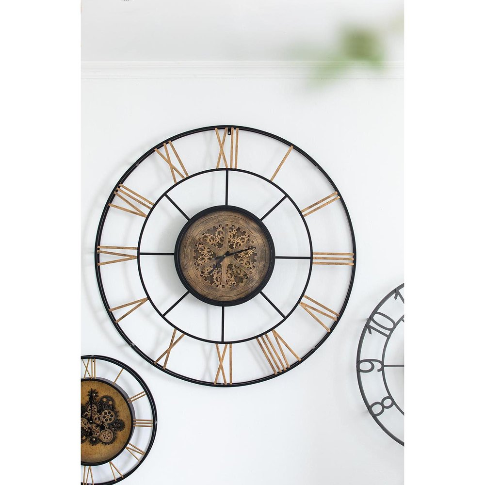 56" Circle Copper Metal and Glass Analog Exposed Gear Wall Clock. Wall clock isolated on a plain white background, finished in light gray glass.