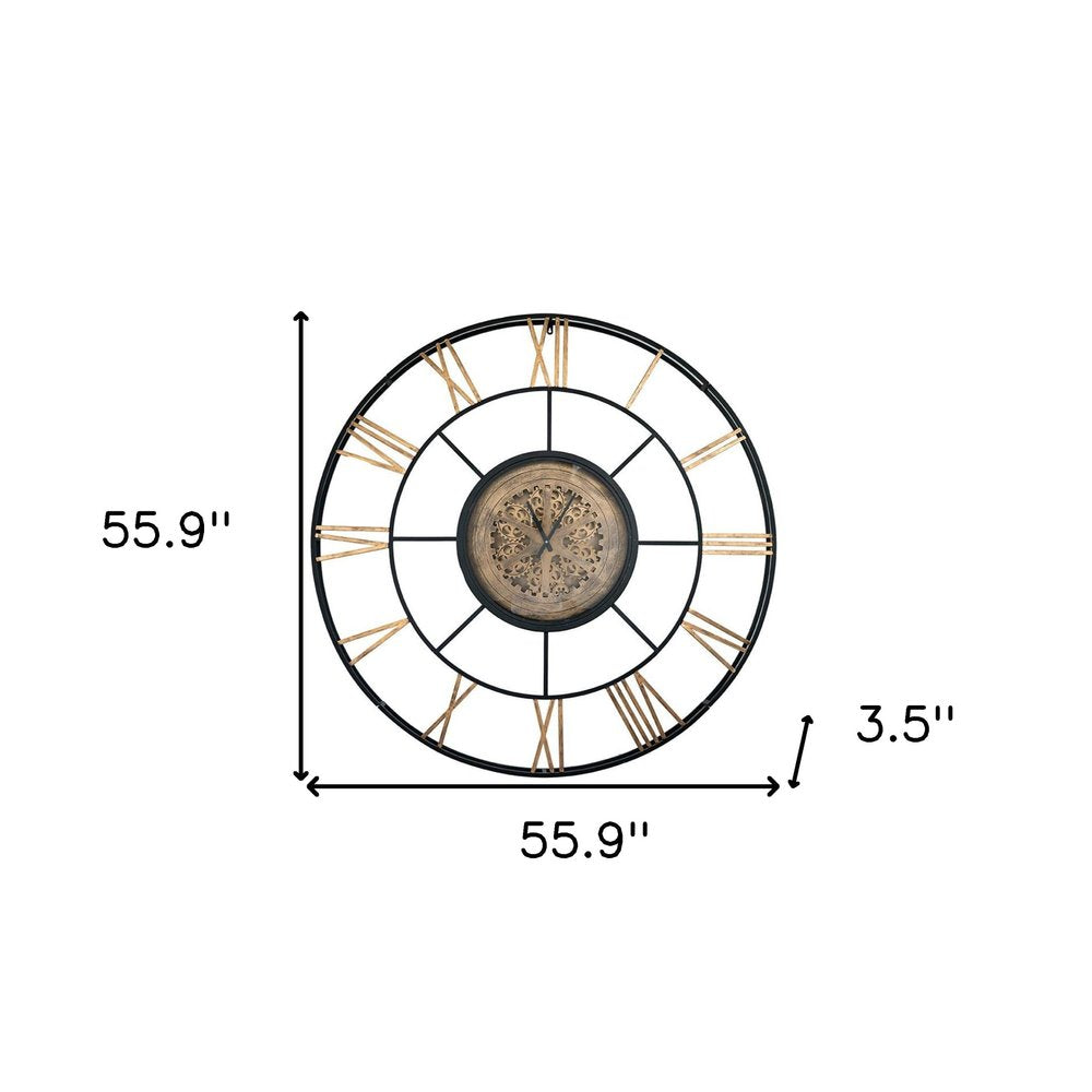 56" Circle Copper Metal and Glass Analog Exposed Gear Wall Clock. Wall clock isolated on a plain white background, finished in gray glass.