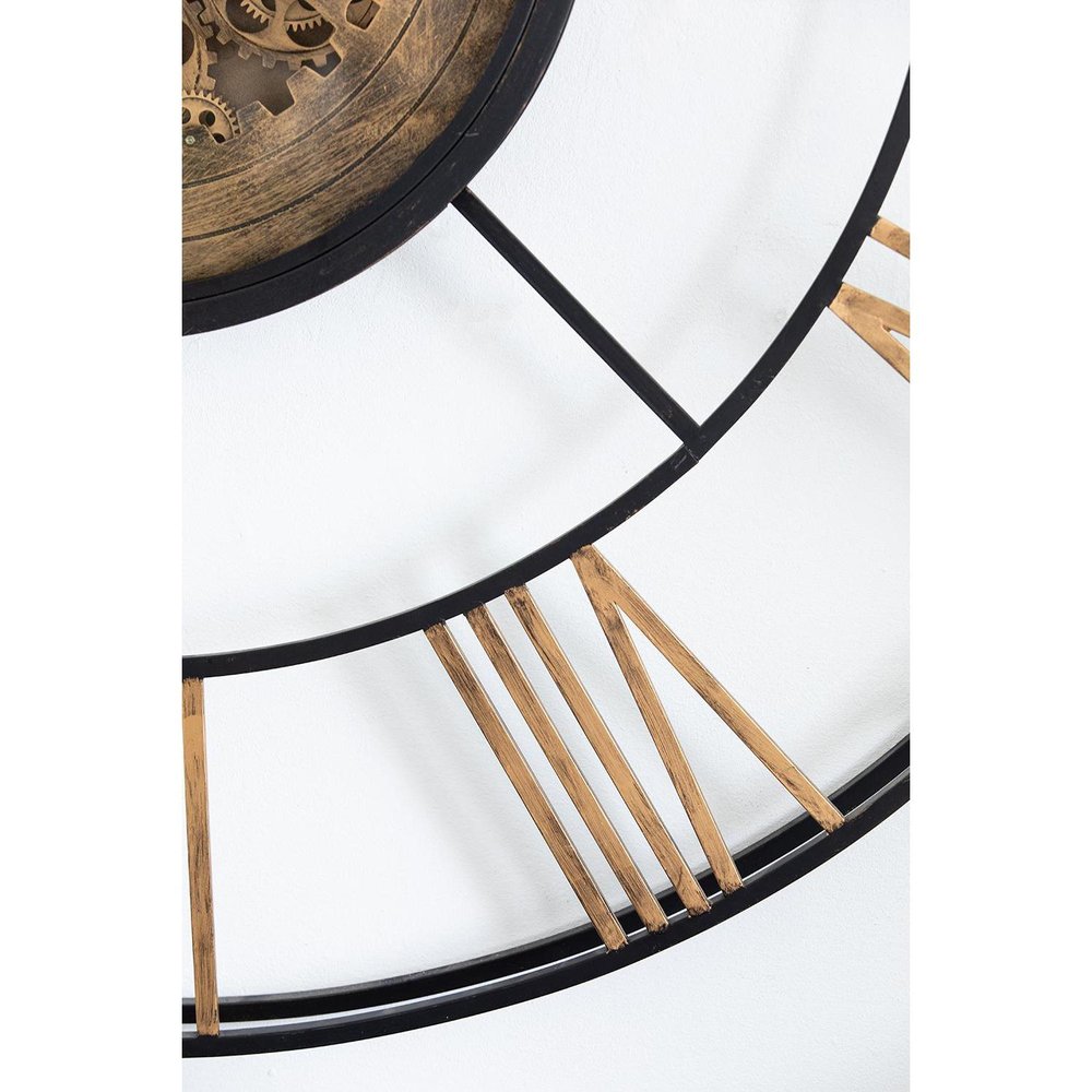 56" Circle Copper Metal and Glass Analog Exposed Gear Wall Clock. Wall clock isolated on a plain white background, showing a tan glass surface.