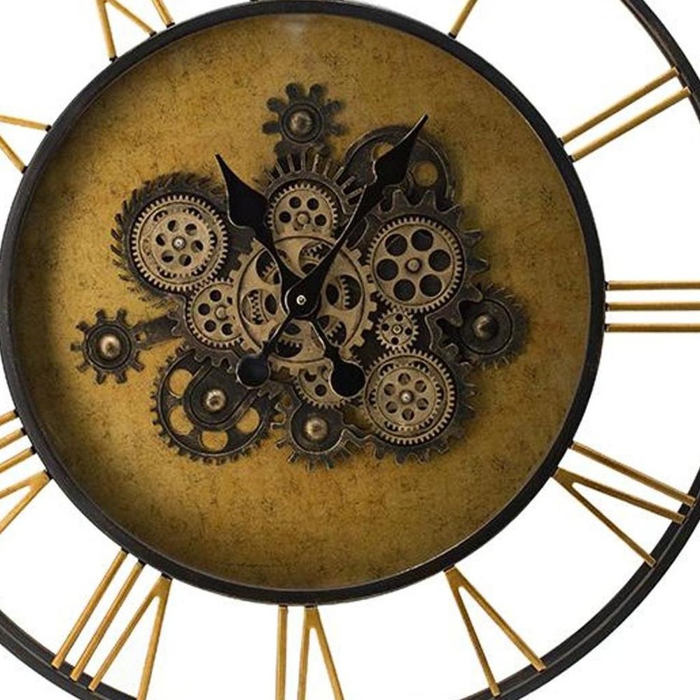 28" Circle Copper Metal and Glass Analog Exposed Gear Wall Clock. Wall clock isolated on a plain white background, finished in dark brown glass.