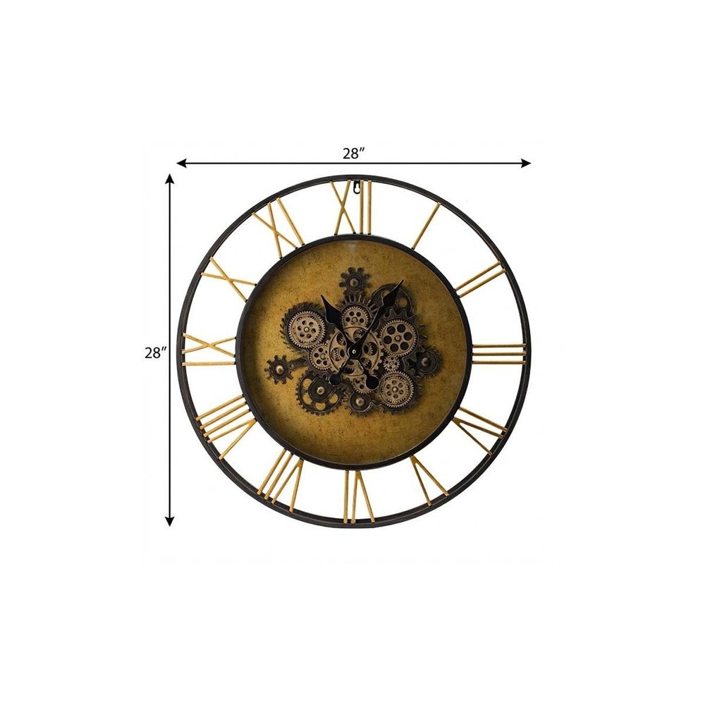28" Circle Copper Metal and Glass Analog Exposed Gear Wall Clock. Wall clock isolated on a plain white background, showing a dark brown glass surface.