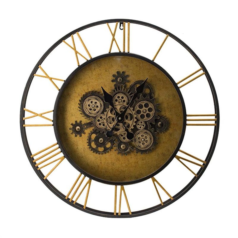 28" Circle Copper Metal and Glass Analog Exposed Gear Wall Clock. Wall clock isolated on a plain white background, finished in dark brown glass.
