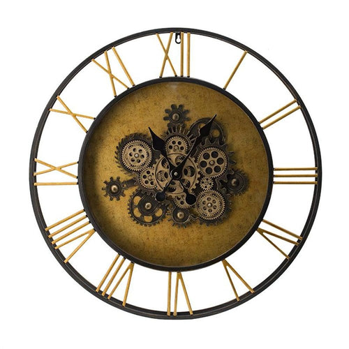 A 28-inch round analog wall clock with a copper metal and glass finish, featuring exposed gears and Roman numerals on a white background.
