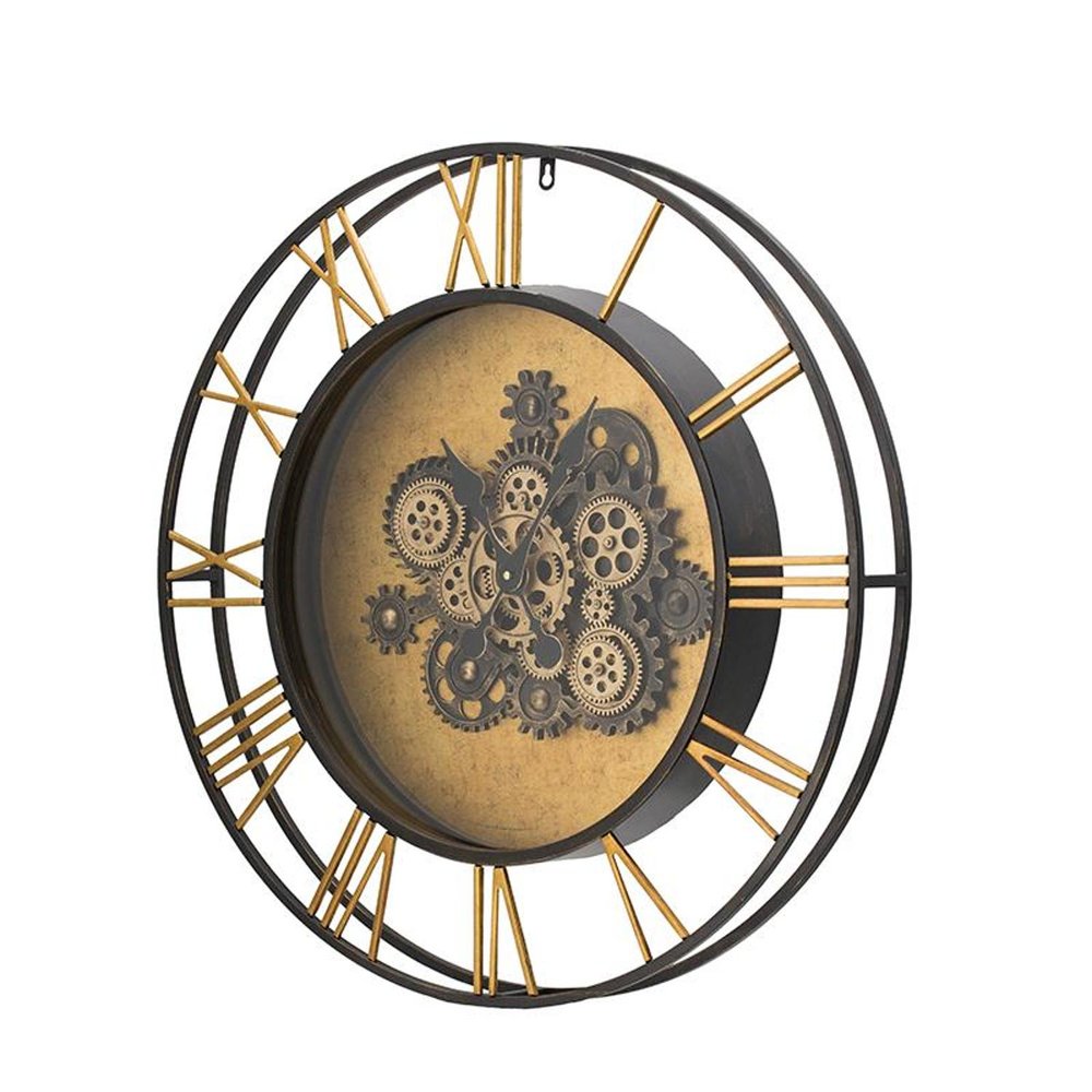 28" Circle Copper Metal and Glass Analog Exposed Gear Wall Clock. Wall clock isolated on a plain white background, showing a tan glass surface.