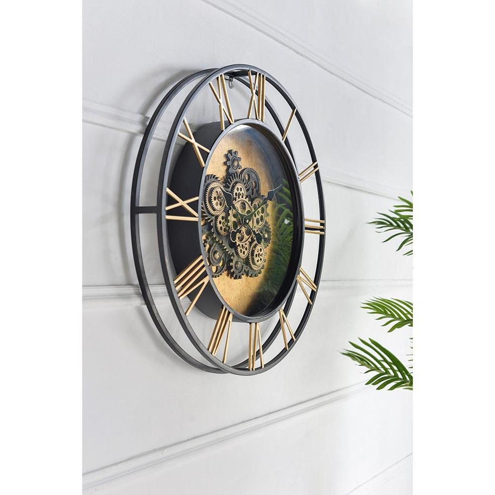28" Circle Copper Metal and Glass Analog Exposed Gear Wall Clock. Wall clock isolated on a plain white background, in a light gray glass finish.