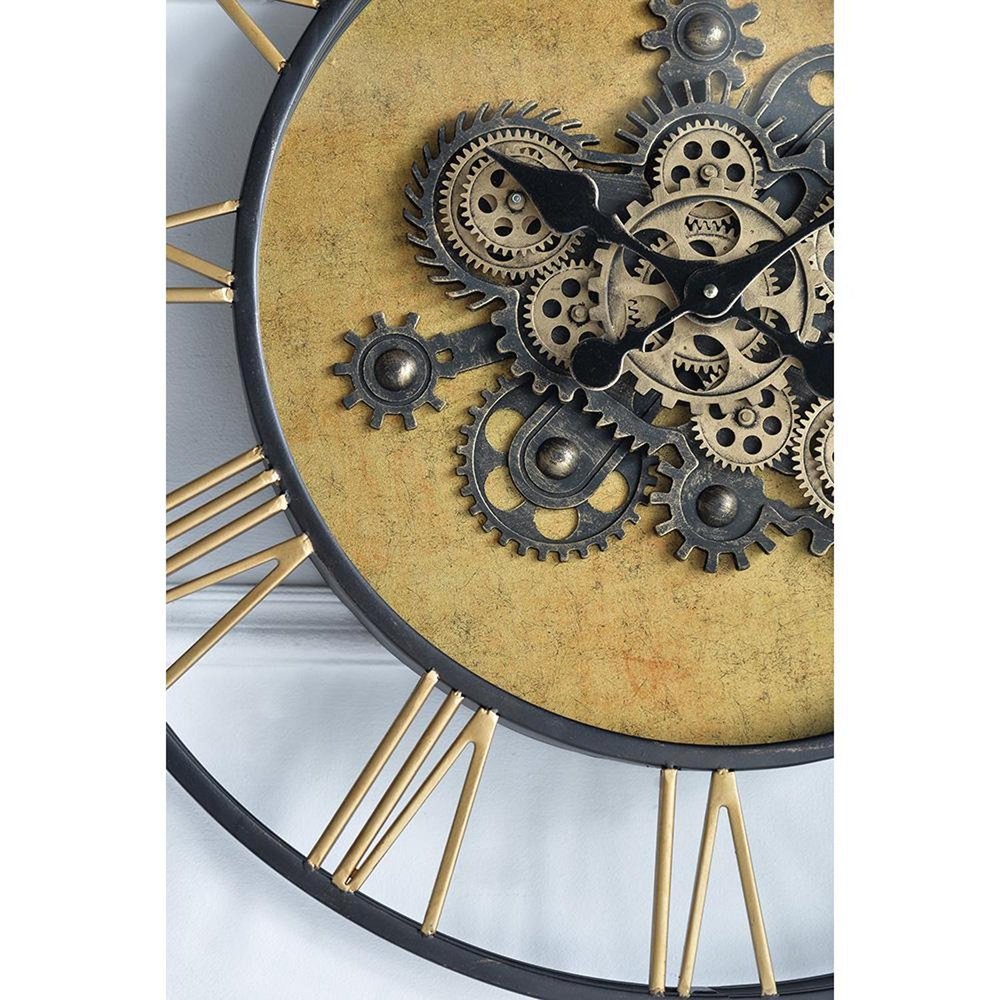 28" Circle Copper Metal and Glass Analog Exposed Gear Wall Clock. Wall clock isolated on a plain white background, finished in tan glass.