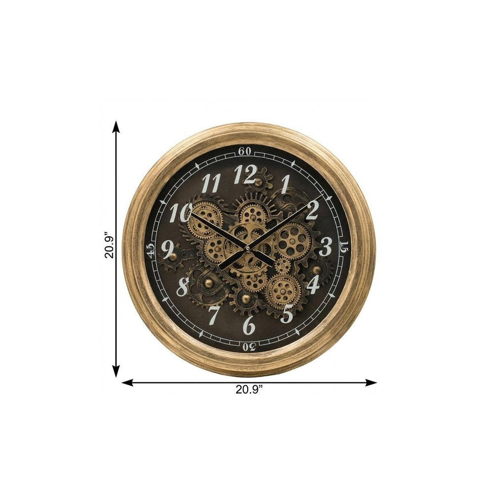 21" Circle Black and Gold Wood and Glass Analog Exposed Gear Wall Clock