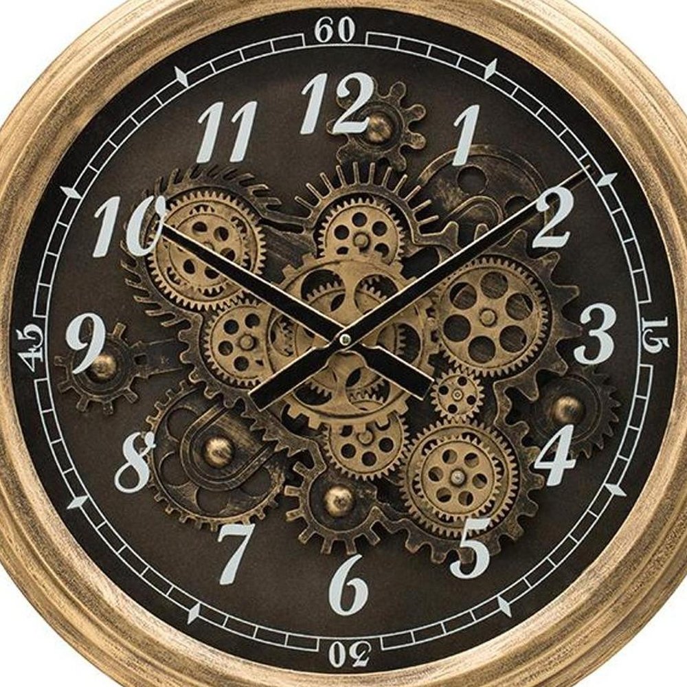 21" Circle Black and Gold Wood and Glass Analog Exposed Gear Wall Clock