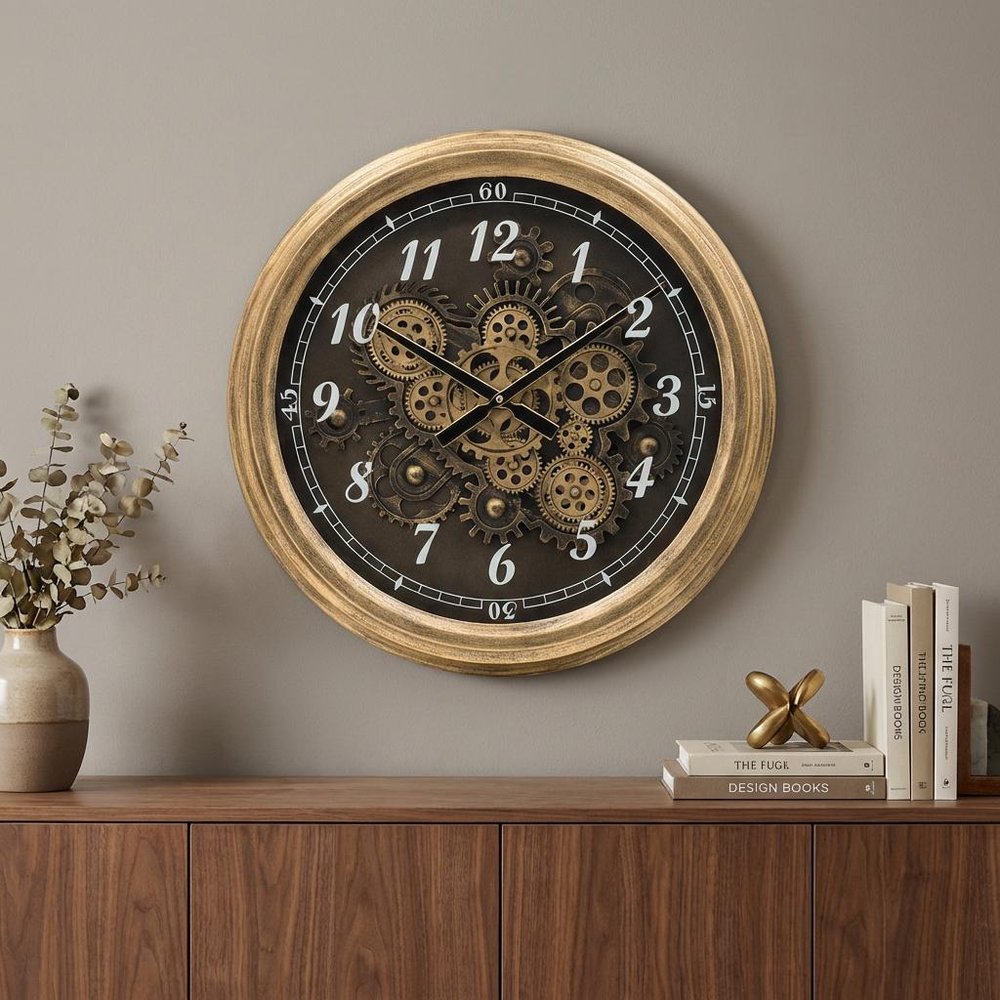 21" Circle Black and Gold Wood and Glass Analog Exposed Gear Wall Clock