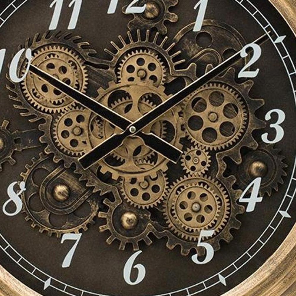 21" Circle Black and Gold Wood and Glass Analog Exposed Gear Wall Clock