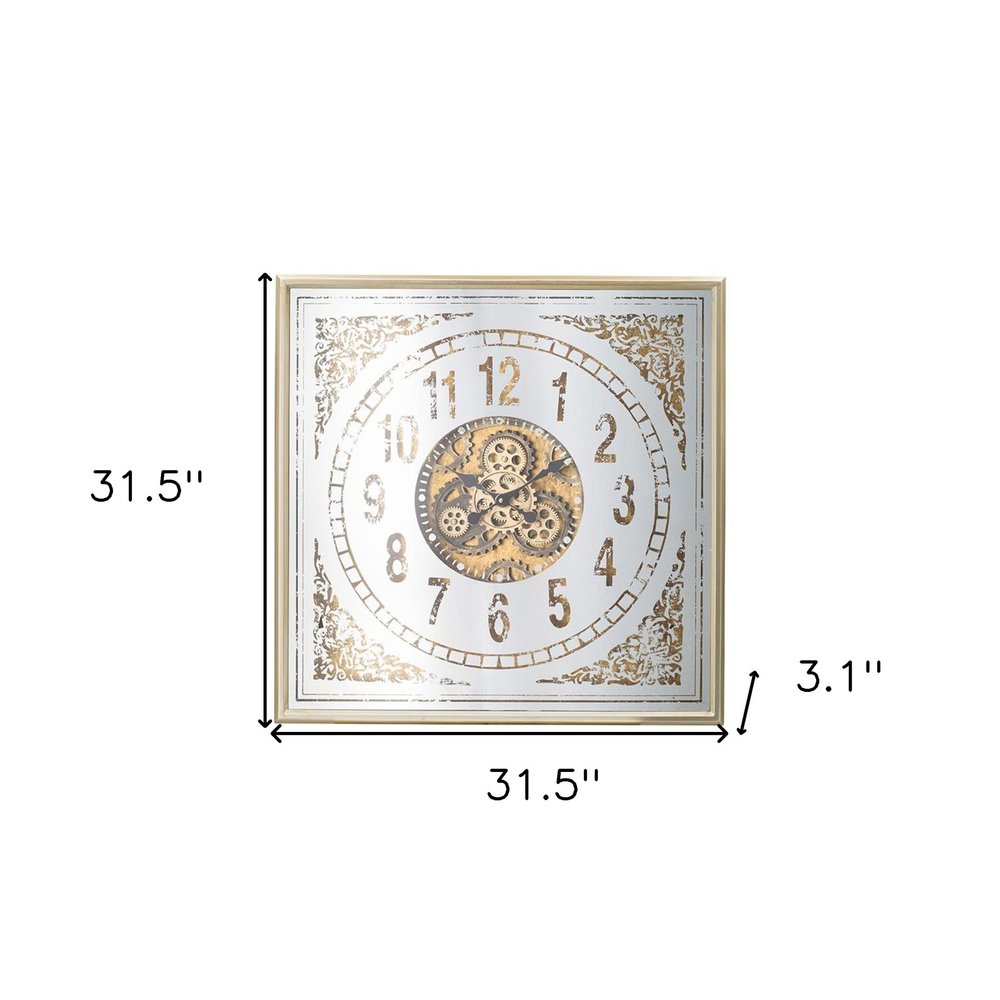 32" Square Gold and Silver Wood and Mirror Analog Exposed Gear Wall Clock. Wall clock isolated on a plain white background, in a silver wood finish.