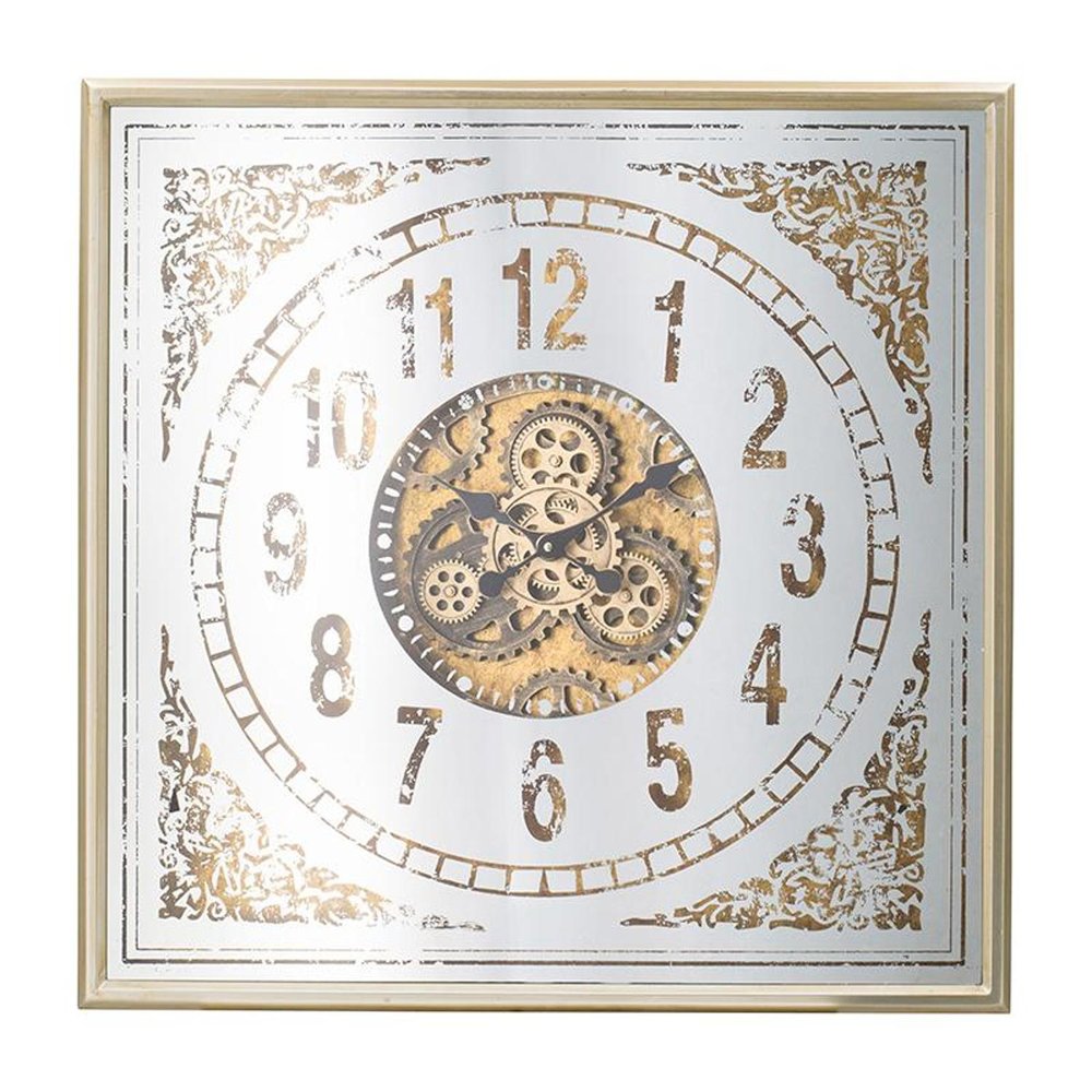 Square analog wall clock with gold and silver exposed gears, Roman numerals, and ornate corner details on a mirrored face.