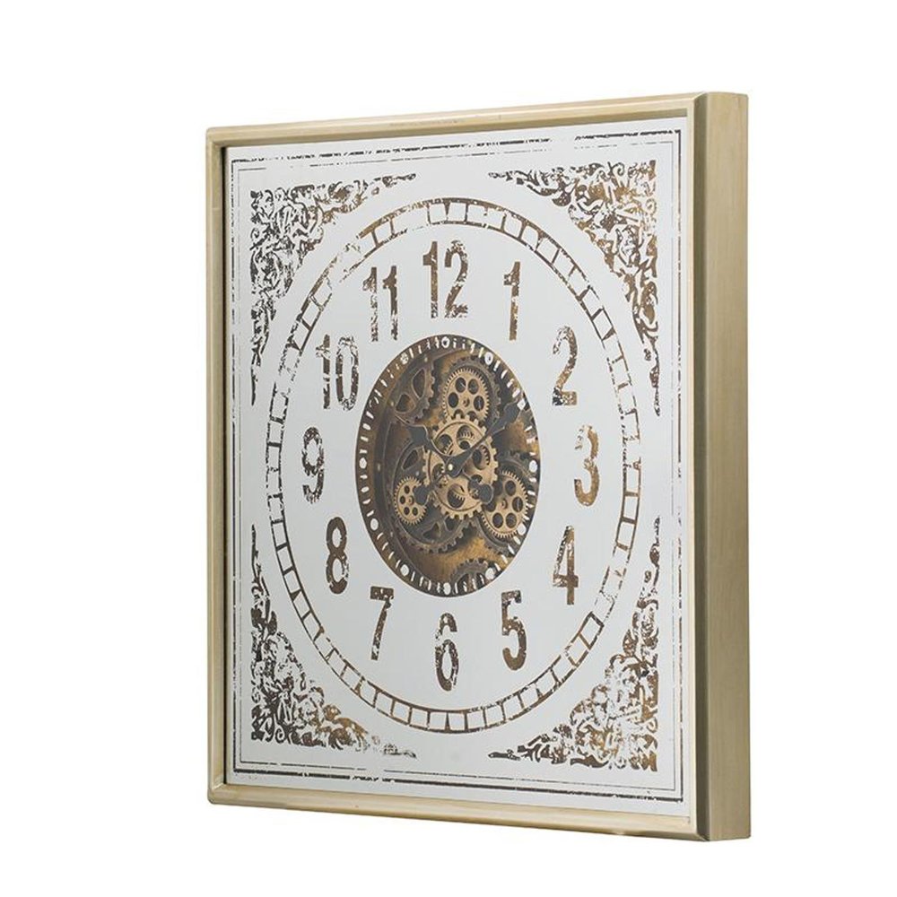 32" Square Gold and Silver Wood and Mirror Analog Exposed Gear Wall Clock. Wall clock isolated on a plain white background, in a silver wood finish.