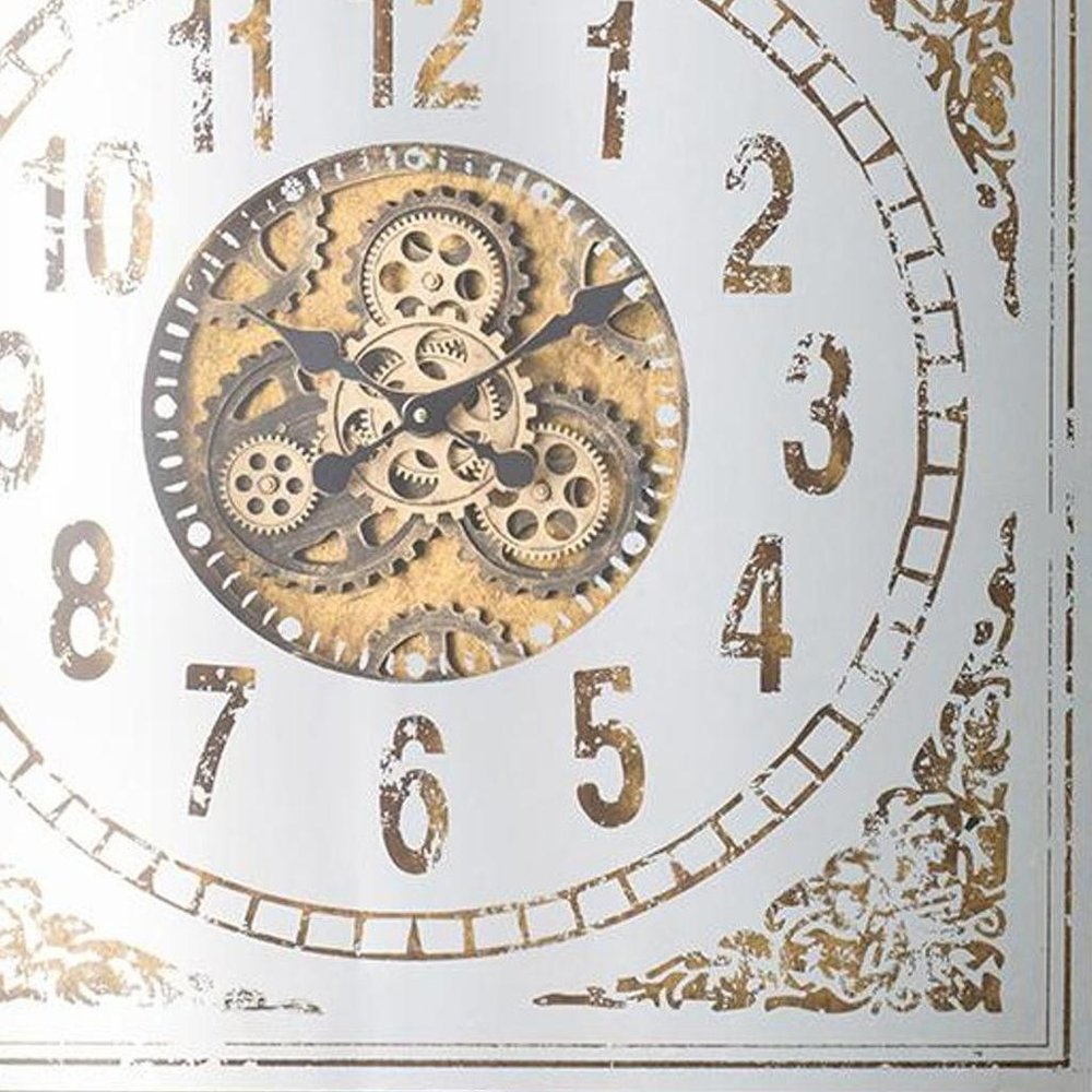 32" Square Gold and Silver Wood and Mirror Analog Exposed Gear Wall Clock. Wall clock in silver wood.