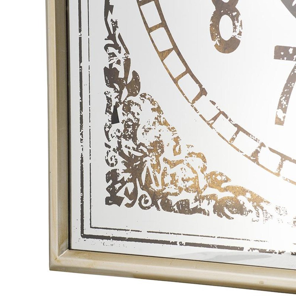 32" Square Gold and Silver Wood and Mirror Analog Exposed Gear Wall Clock. Wall clock isolated on a plain white background, finished in gold wood.