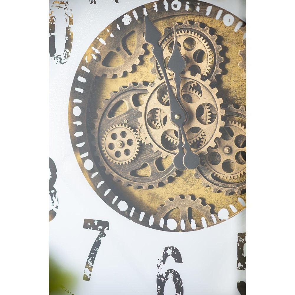 32" Square Gold and Silver Wood and Mirror Analog Exposed Gear Wall Clock. Wall clock isolated on a plain white background, showing a silver wood surface.